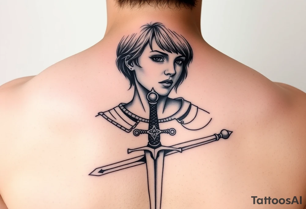 Joan of arc (with short hair and realistic) gothic style with a sword tattoo idea