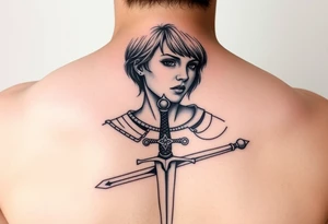 Joan of arc (with short hair and realistic) gothic style with a sword tattoo idea