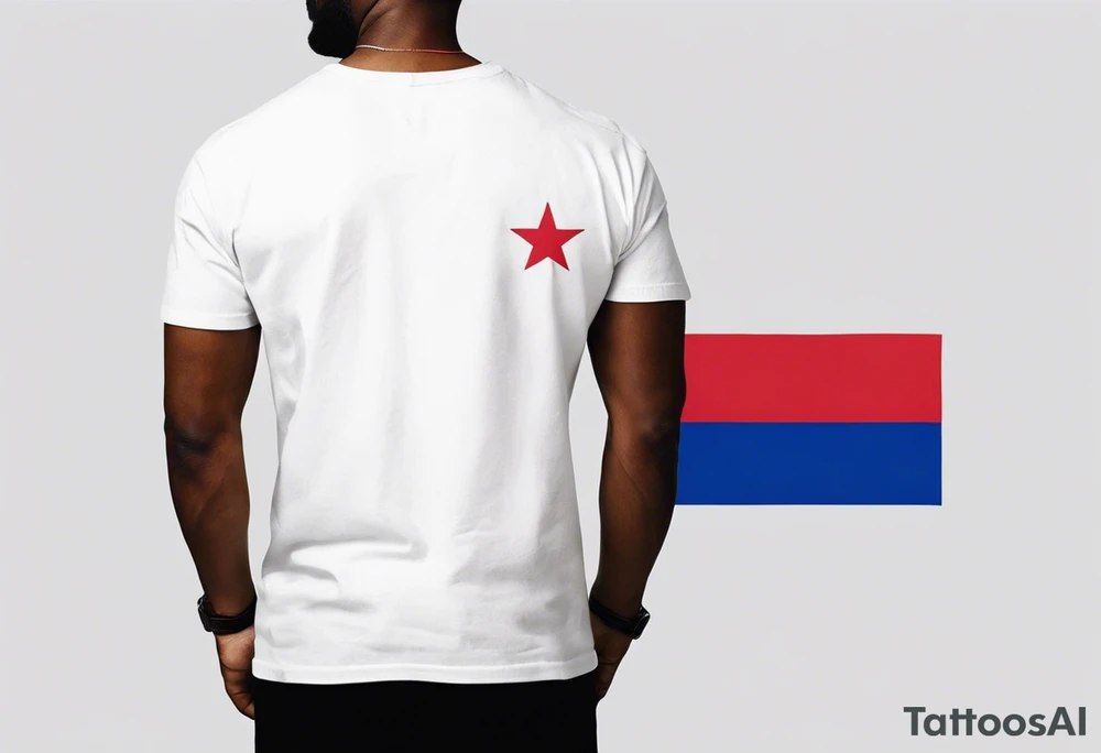 create a haitian flag theme tattoo that goes over a black mans left chest. Have it embody christian faith, salsa dancing, real estate, stoicism, and public speaking tattoo idea