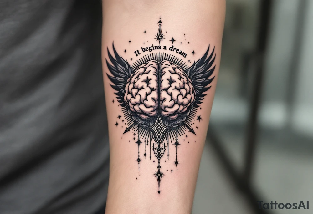 Tattoo inspired in the gifted brain, with few watercolor details but mostly black, symbols representing intelligence, creativity and dreaming flying arround, the phrase "It begins with a dream", and raven wings behind tattoo idea
