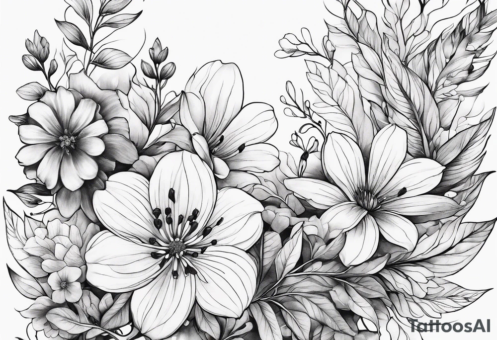 “Generate a subtle botanical tattoo with soft, flowing lines, showcasing tiny flowers and leaves arranged in a delicate pattern tattoo idea