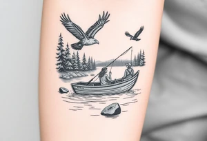 Northern river with evergreen along side river with a fishing boat with two with eagle flying in the sky and women and girl sitting on doc back facing tattoo idea