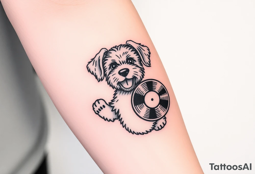 happy doodle dog holding a vinyl record tattoo idea