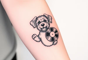 happy doodle dog holding a vinyl record tattoo idea