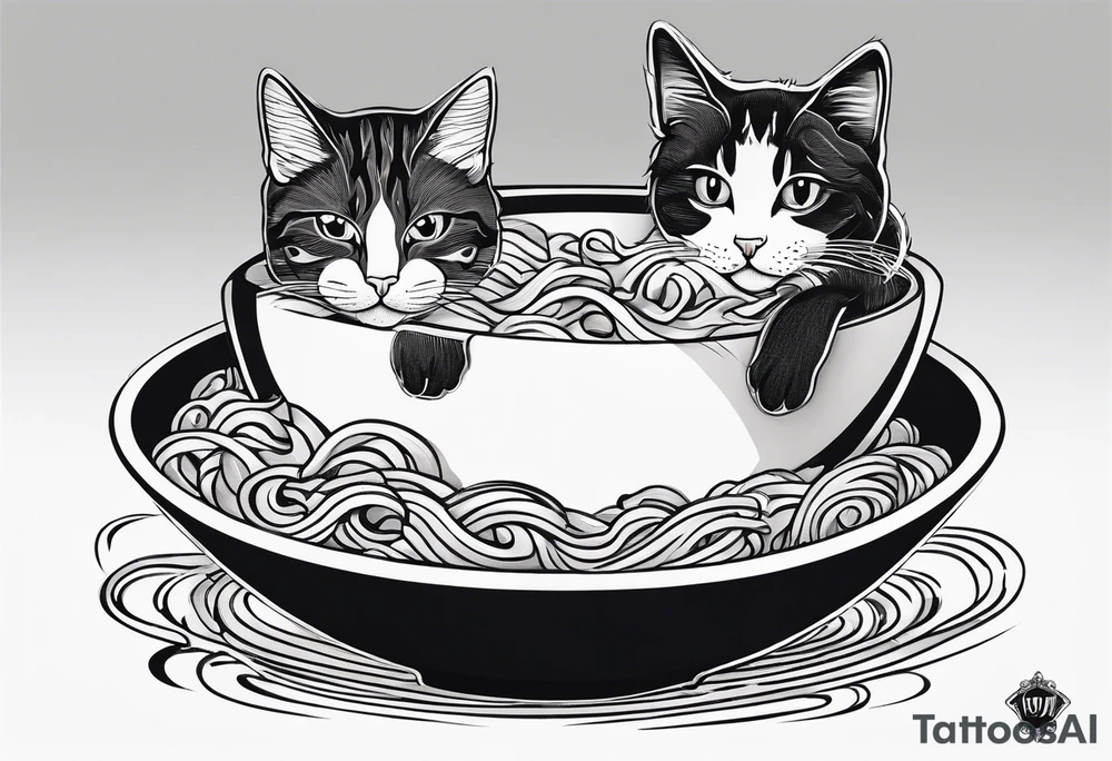 Two tabby cats peaking over the edge of a noodle bowl with noodles pouring out the side tattoo idea