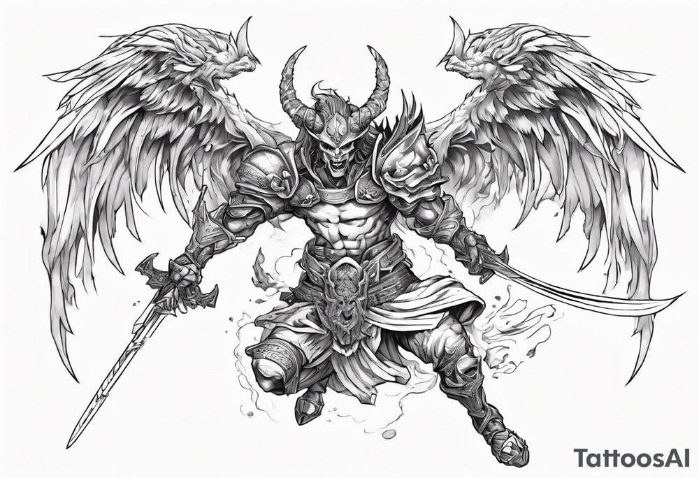 A demon angel wearing organic armor that is in mid-air with his two-handed sword about to attack in isometric view. tattoo idea