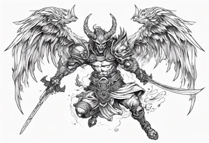 A demon angel wearing organic armor that is in mid-air with his two-handed sword about to attack in isometric view. tattoo idea