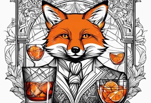 Geometric sly fox with Negroni in short lowball cocktail glass with ice and orange peel tattoo idea