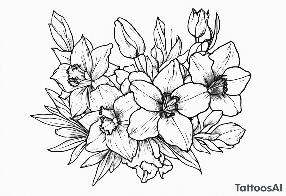 Larkspur and narcissus bouquet tattoo idea