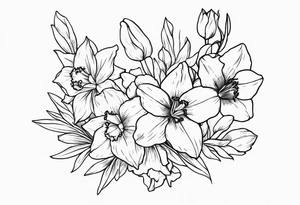 Larkspur and narcissus bouquet tattoo idea