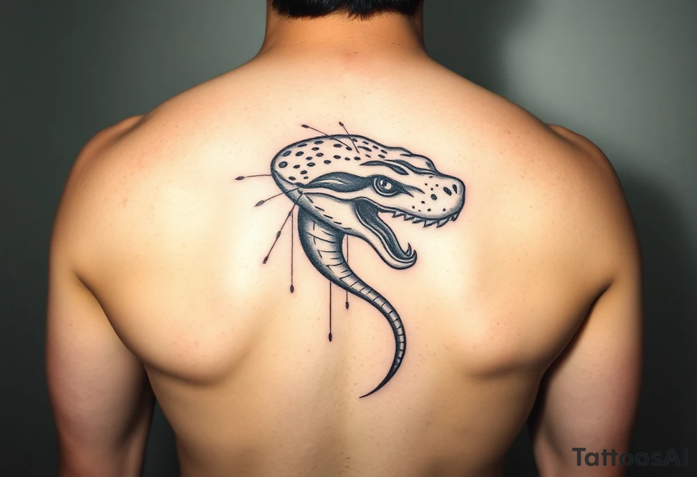 A tattoo of a boa’s head with a dartboard on the back of the head located on the inner forearm tattoo idea