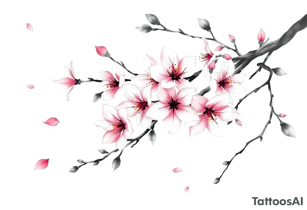 delicate cherry blossoms swirling in spring breeze with petals tattoo idea