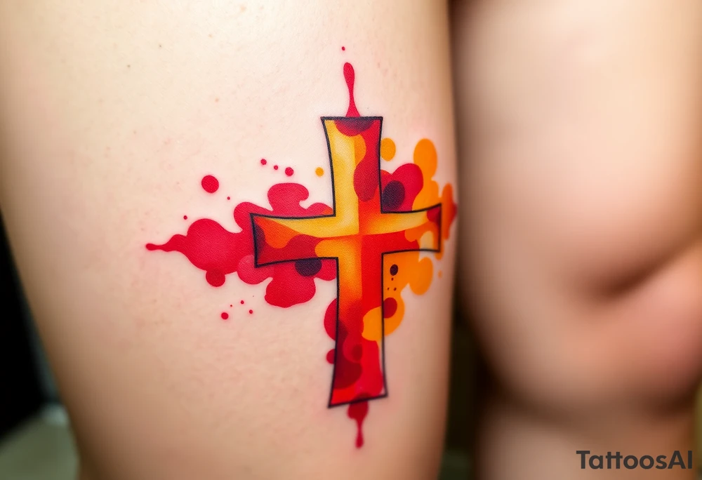 A watercolor-style Maltese cross in splashes of deep red, orange, and yellow, creating a vibrant artistic effect. tattoo idea