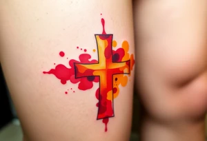 A watercolor-style Maltese cross in splashes of deep red, orange, and yellow, creating a vibrant artistic effect. tattoo idea