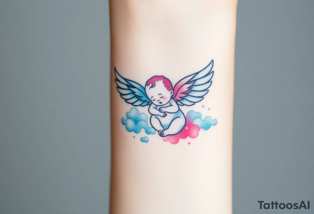Winged baby, blue and pink watercolor, clouds tattoo idea