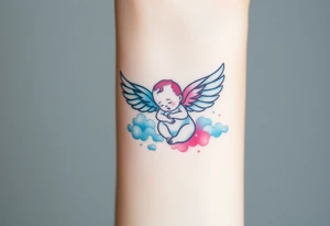 Winged baby, blue and pink watercolor, clouds tattoo idea