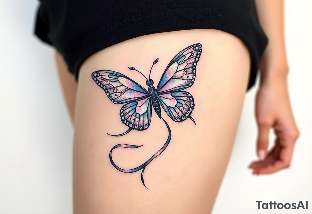 ethereal butterfly with flowing silk ribbons in moonlight tattoo idea