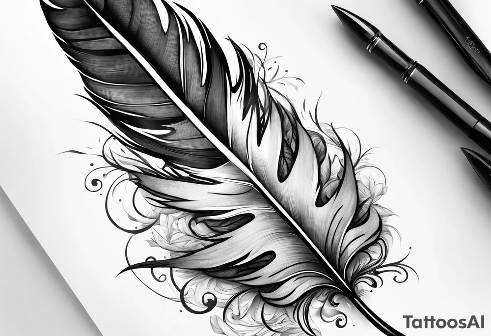 pen wrapped in feather tattoo idea