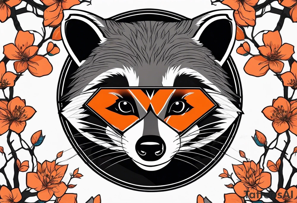 Raccoon wearing a white Superman logo on a black hoodie and orange Japanese cherry blossoms beside tattoo idea