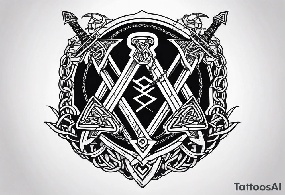 Valhalla sword shield dragon axe Valknut barbed wire chains tattoo idea Valhalla sword shield dragon axe Valknut barbed wire chains tattoo idea