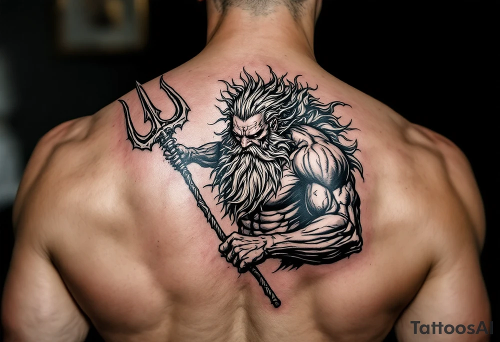 muscular mid aged poseidon with huge trident tattoo idea