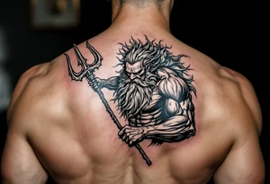 muscular mid aged poseidon with huge trident tattoo idea