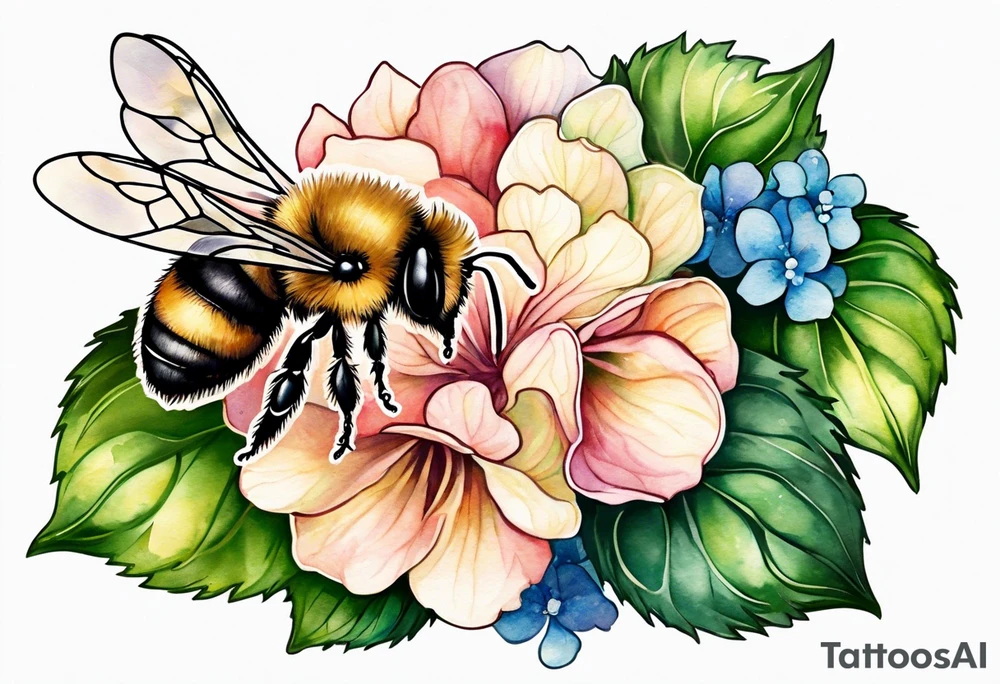 Small tattoo. There’s a hydrangea and a bee but they are not touching. Make the bee smaller than the hydrangea and have the bee off to the side. Bee is smaller than the hydrangea tattoo idea
