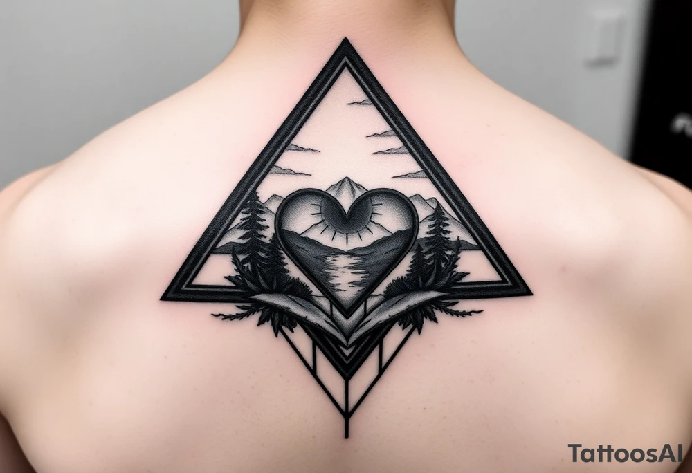 A triangle with a heart over the middle of the center and nature scene in background tattoo idea