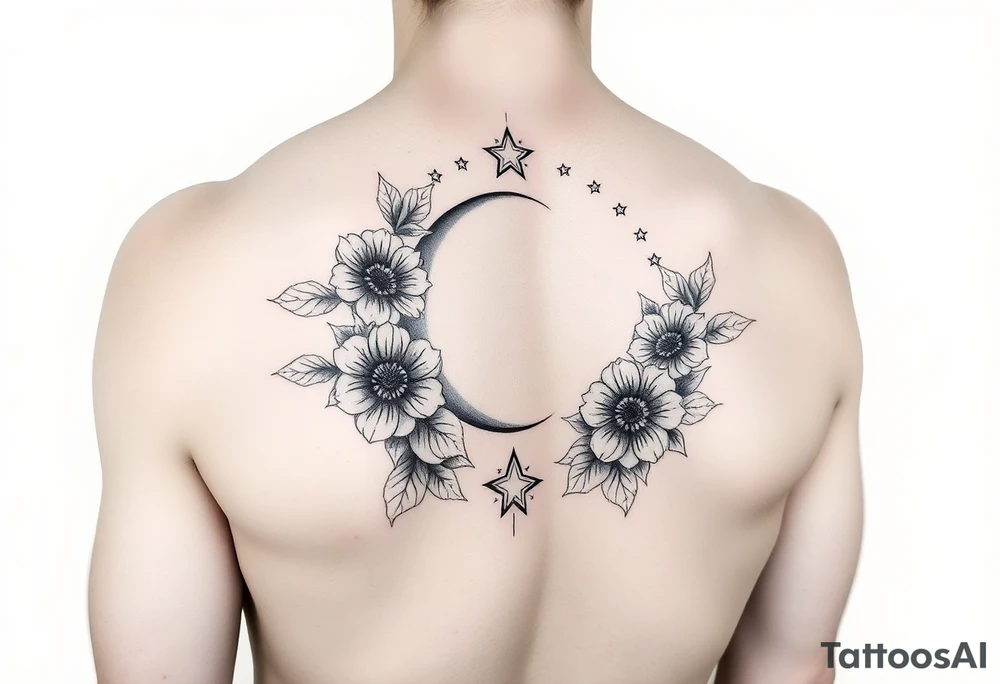 Flower sleeve surrounded by moon and star design for arm tattoo idea