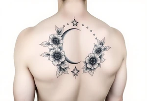 Flower sleeve surrounded by moon and star design for arm tattoo idea