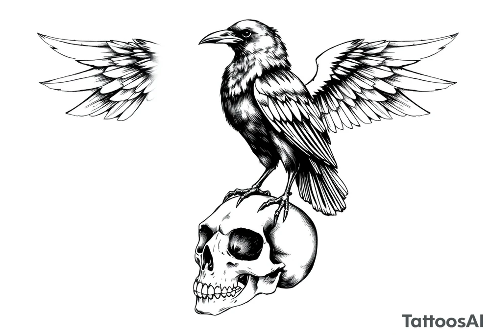 a raven stands on a skull,bones. tattoo idea