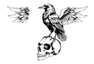 a raven stands on a skull,bones. tattoo idea