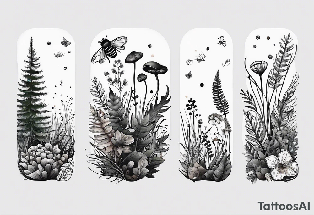 forest floor inspired minimalist tattoo, which includes grass, curly ferns, moss and dead leaves as the bulk of the tattoo. details to include: forest berries, a tiny bumblebee flying nearby, three small brown mushrooms
Generate a vertically long one tattoo idea