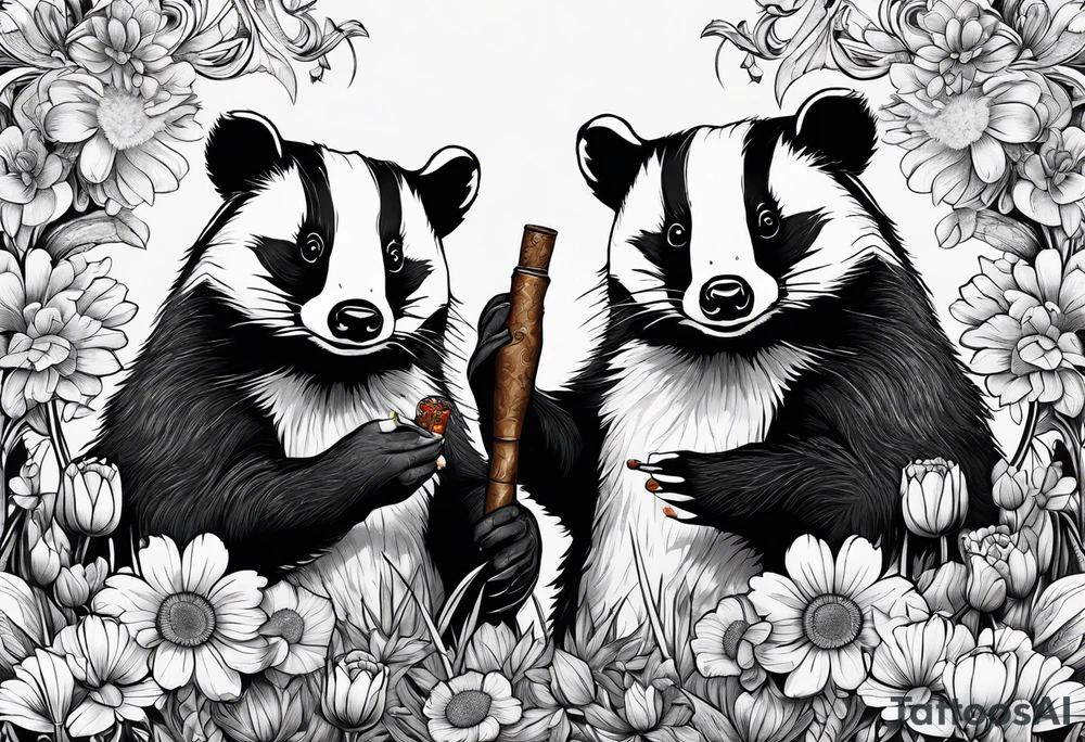 Trippy, pair of badger siblings in a field of flowers one holding a cigar and the other holding a lighter tattoo idea