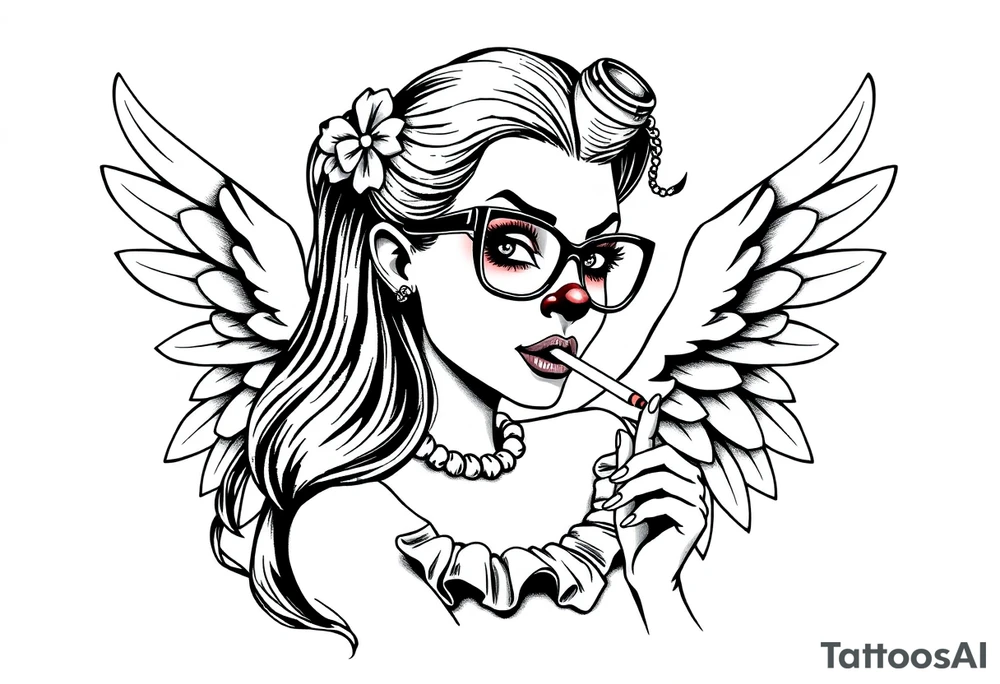 beautiful long hair pin up Clown Girl thug eyeglasses angelic wings smoking a cigarette tattoo idea