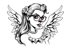 beautiful long hair pin up Clown Girl thug eyeglasses  angelic wings smoking a cigarette tattoo idea