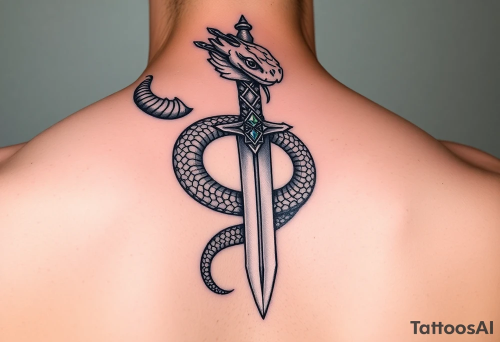 mystical snake coiled around an ancient dagger with jeweled hilt tattoo idea