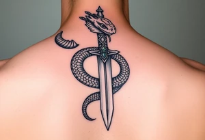 mystical snake coiled around an ancient dagger with jeweled hilt tattoo idea