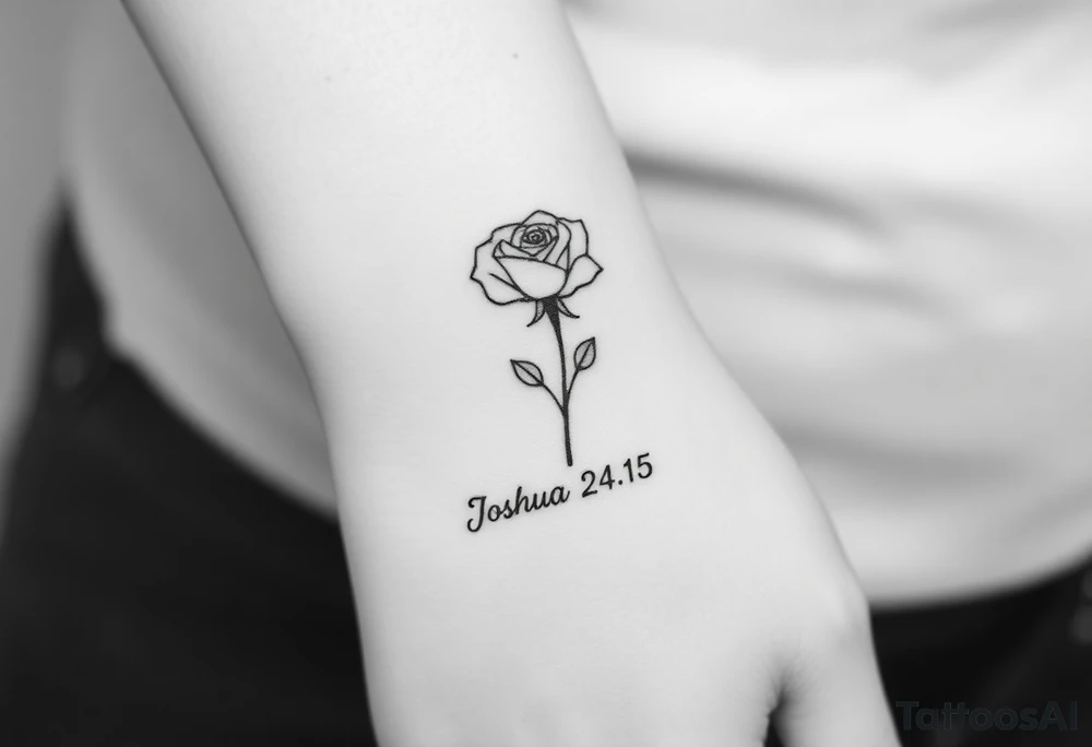 fine-line rose on my inner wrist, with the stem flowing down into the word Joshua 24:15 in tiny clean text underneath tattoo idea