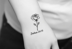 fine-line rose on my inner wrist, with the stem flowing down into the word Joshua 24:15 in tiny clean text underneath tattoo idea