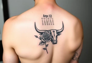 Calendar with the date 12th of April with a rose and a Spanish bull tattoo idea