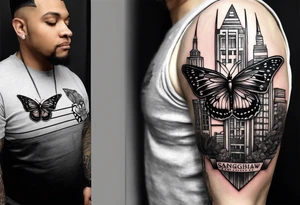 Butterfly, city scape, saginaw, police officer, full sleeve tattoo idea