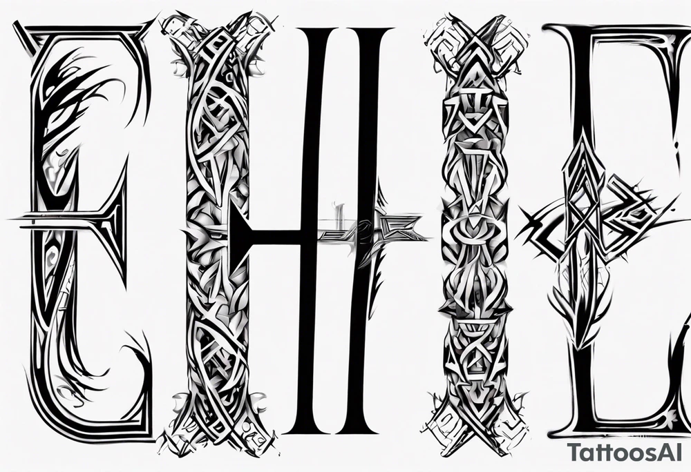 combine the letters E and H with tribal pattern tattoo idea