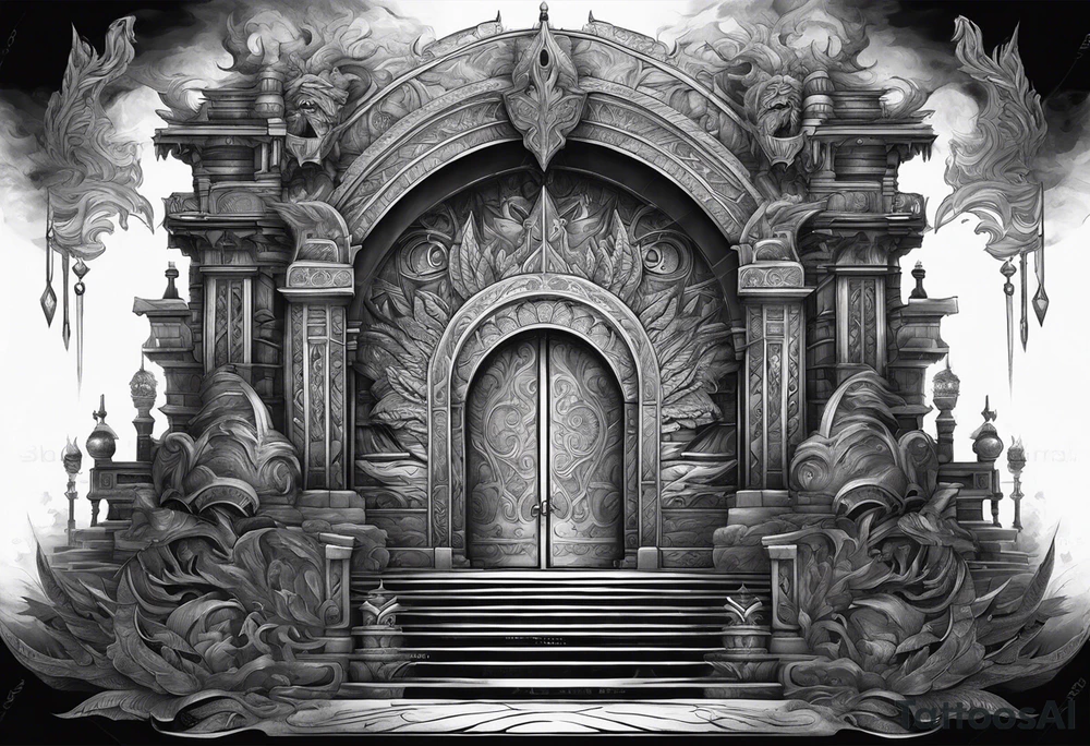 The warior is standing in front of the staircase that leads to the gate to the valhalla. tattoo idea