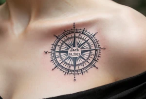 Jakoubek name and date 02. 03. 2021 – A classic blue and gray compass with Jack's birthdate etched in bold, modern font at the center. tattoo idea