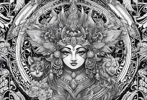 Create a collage-style tattoo featuring mythical creatures associated with different gods or cultures, blending the divine beings into a cohesive and visually captivating design. tattoo idea