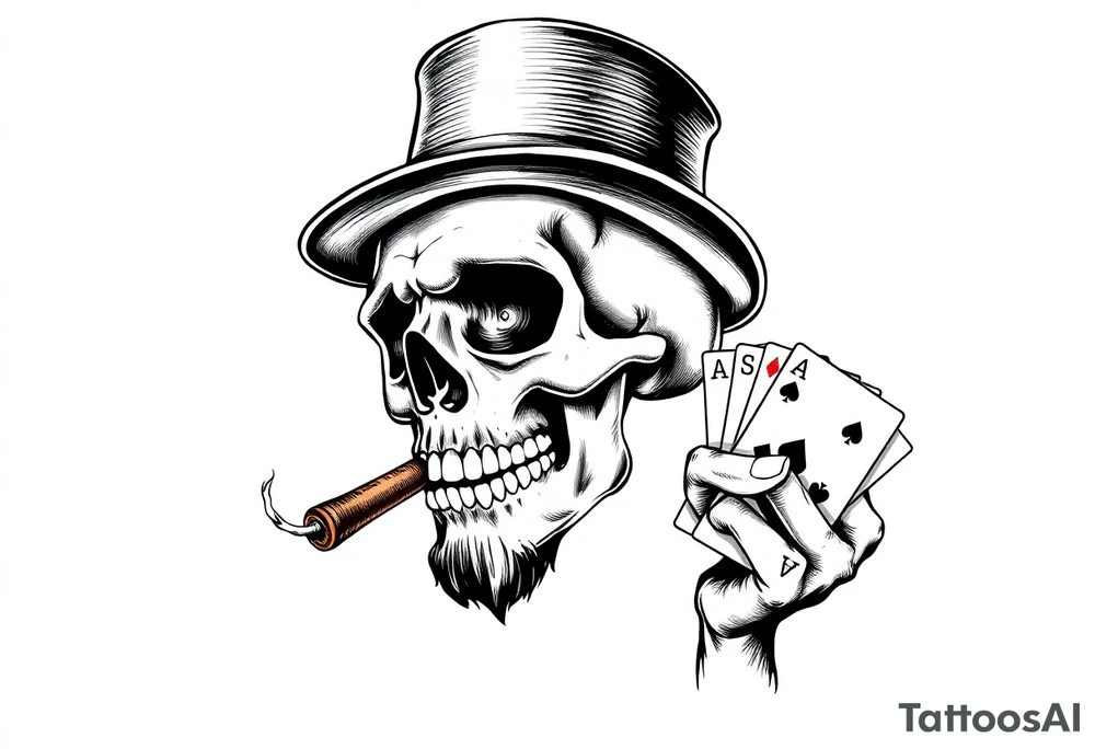 a skull with mustache,top-hat, cigar in his mouth and playing cards in a hand. tattoo idea