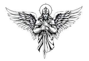 Holy Archangel, Biblical, Christianity, Hebrew, Guards of Christianity, Holding a sword, has six wings, wearing helmet, halo, seraphim tattoo idea