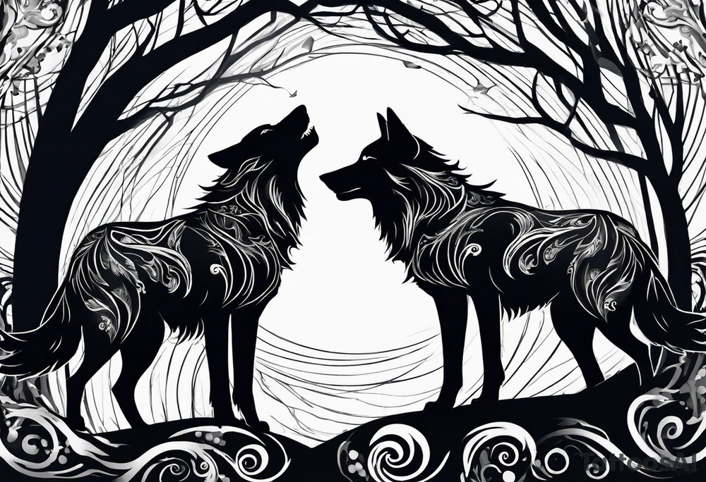 Two wolves, silhouettes, side by side. One wolf consumes swirling darkness, the other takes in beams of light. Emphasize the feeding action. tattoo idea