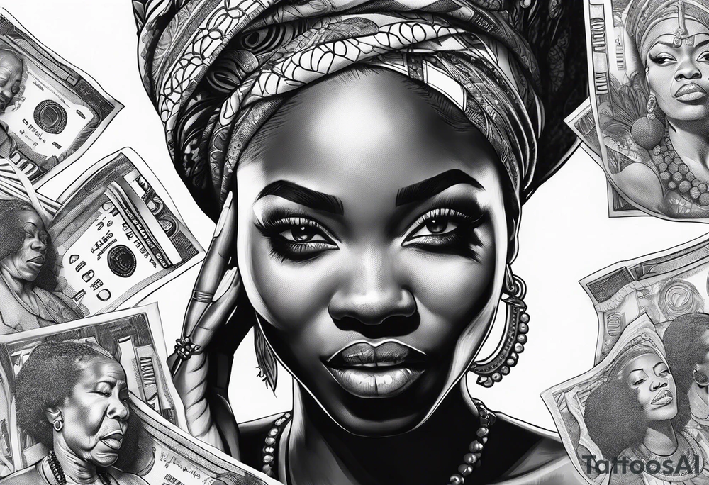 african woman biting money tattoo idea